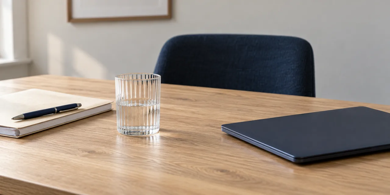 Een rustige tafel met een map, een glas water en een laptop, klaar voor een gesprek.