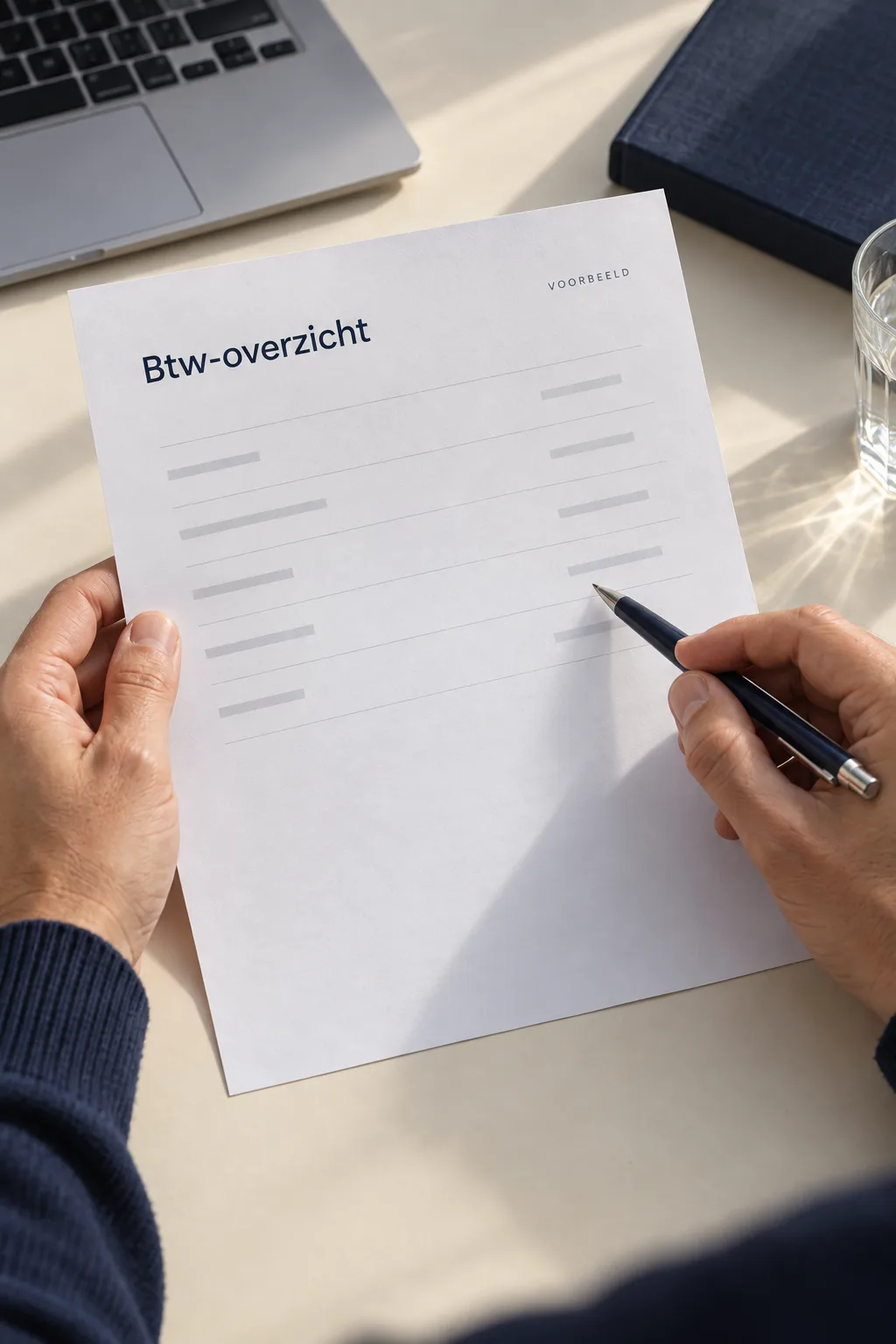Handen met een pen bekijken een voorbeeld van een btw-overzicht.