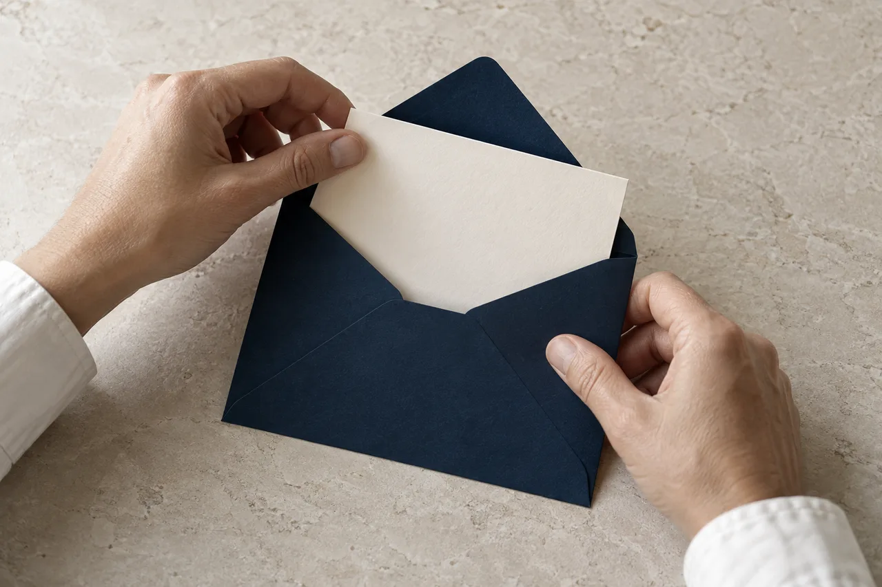 Handen die een brief in een inktblauwe envelop steken.
