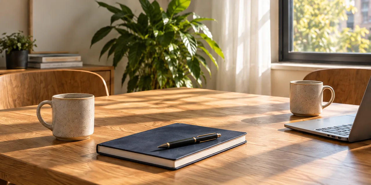 Twee koppen koffie en een notitieboek op een zonnige houten tafel.