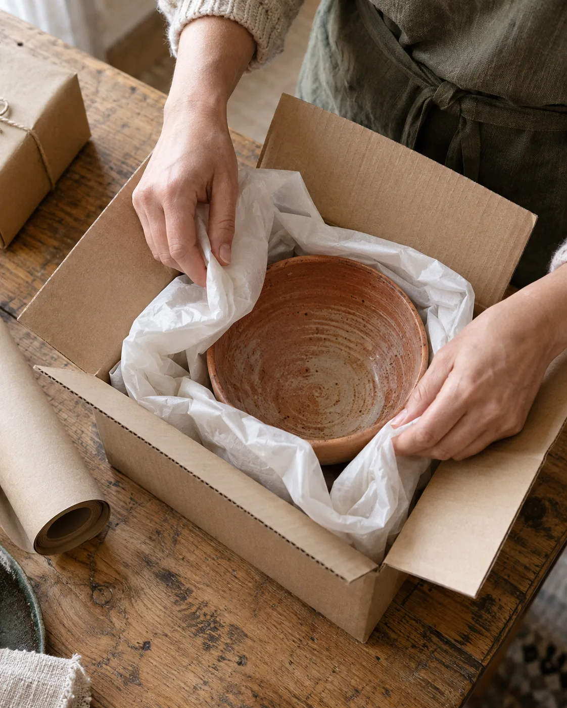 Handen verpakken een keramische kom met zijdepapier in een verzenddoos.