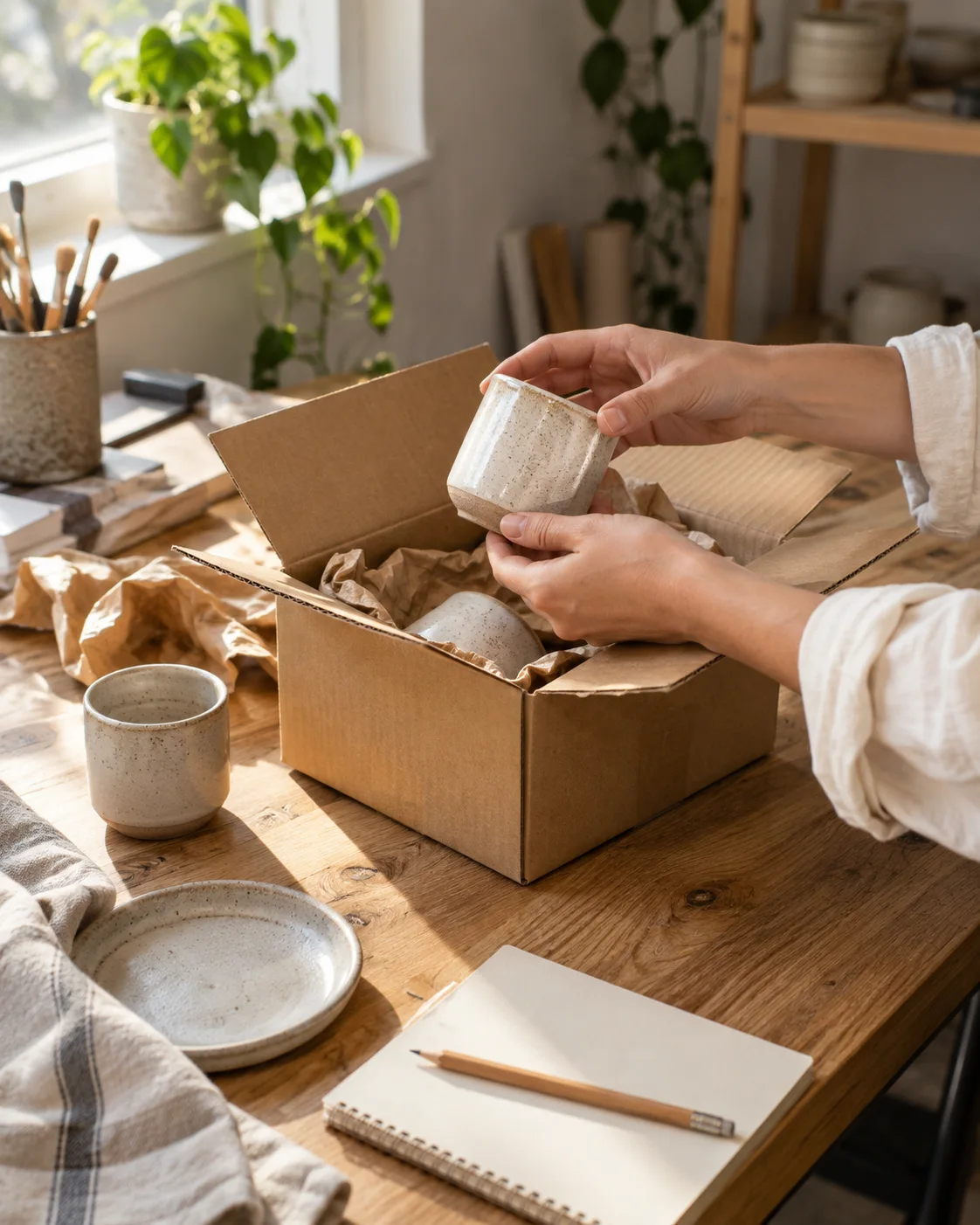 Handen pakken de eerste keramische productmonsters uit op een houten werktafel.