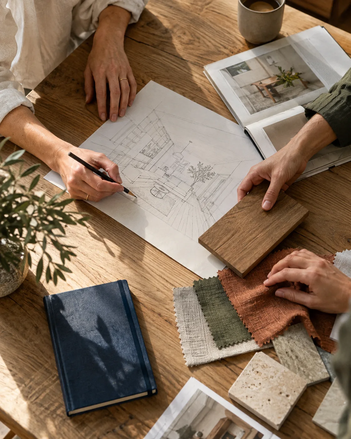 Vier handen werken samen aan een interieurschets met hout- en stofstalen op tafel.