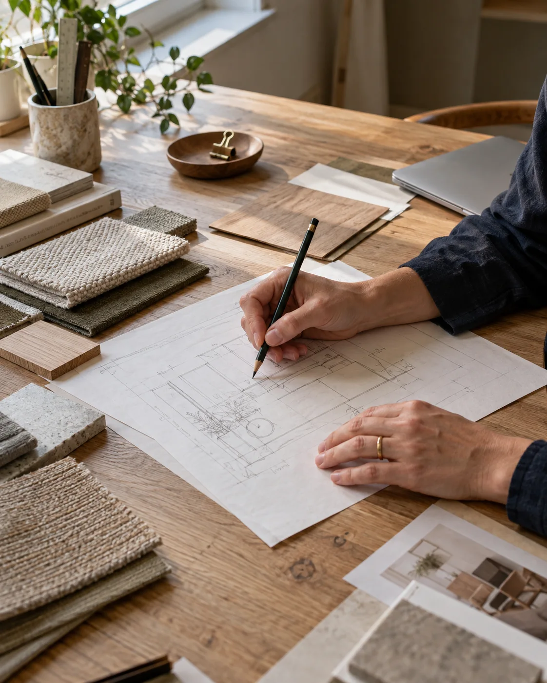 Handen van een zelfstandig ontwerper aan het werk met een schets en materiaalstalen.