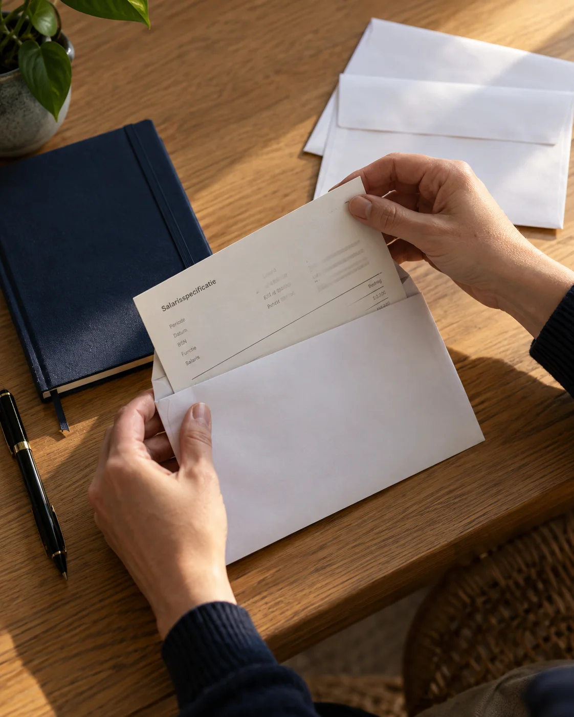 Een loonstrook wordt in een envelop geschoven