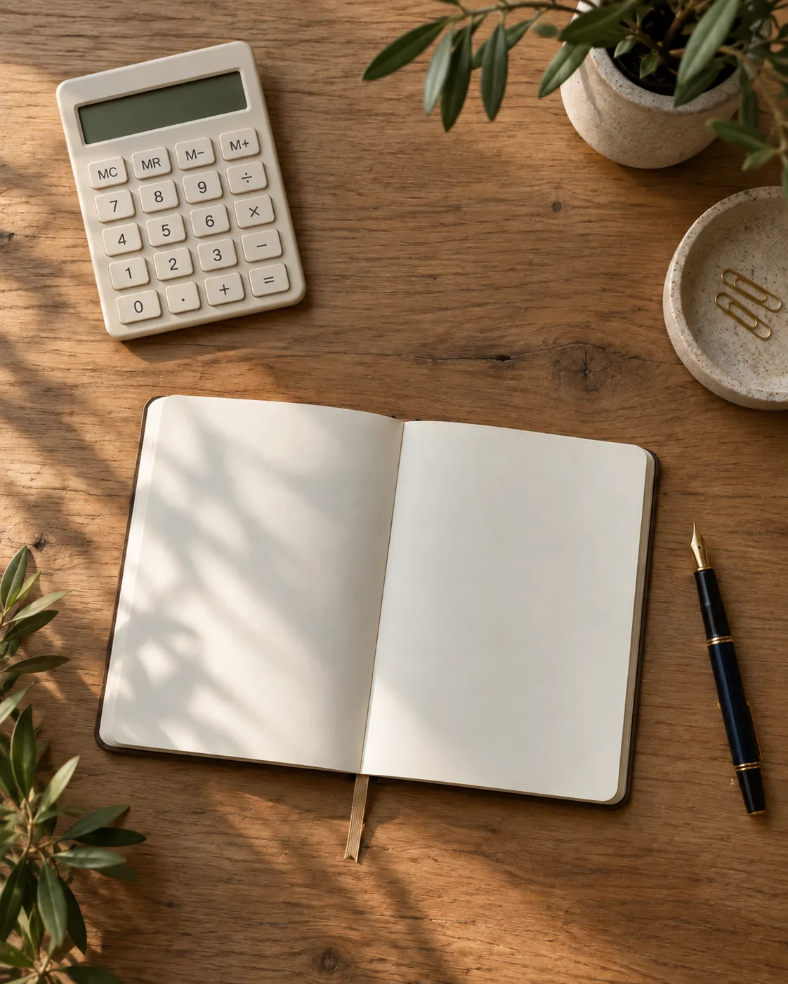 A calculator and notebook on an oak desk