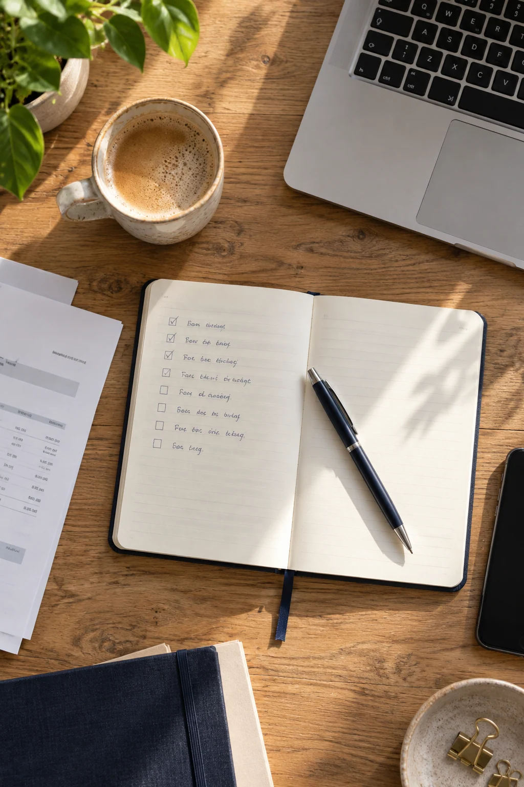 Bureau van boven met een laptop, notitieboek en koffie