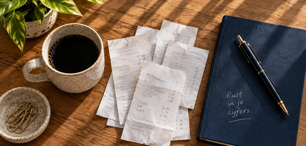 Bonnetjes, koffie en een blauw notitieboek op een houten bureau.