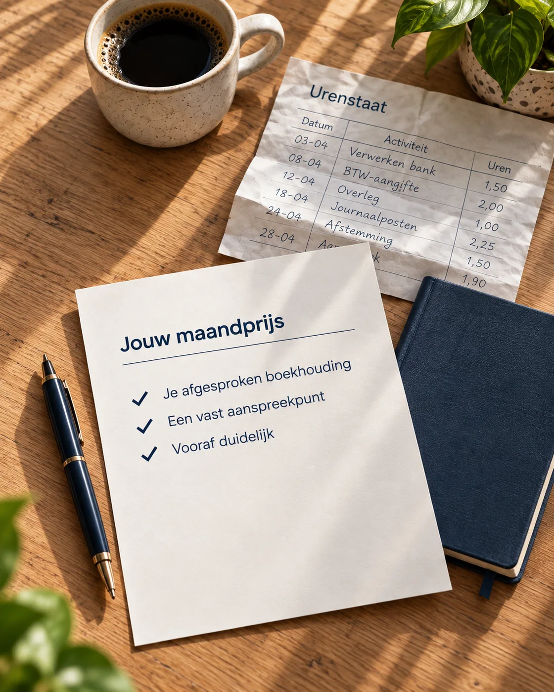 Een vaste maandprijs op papier, met een oude urenstaat op de achtergrond.