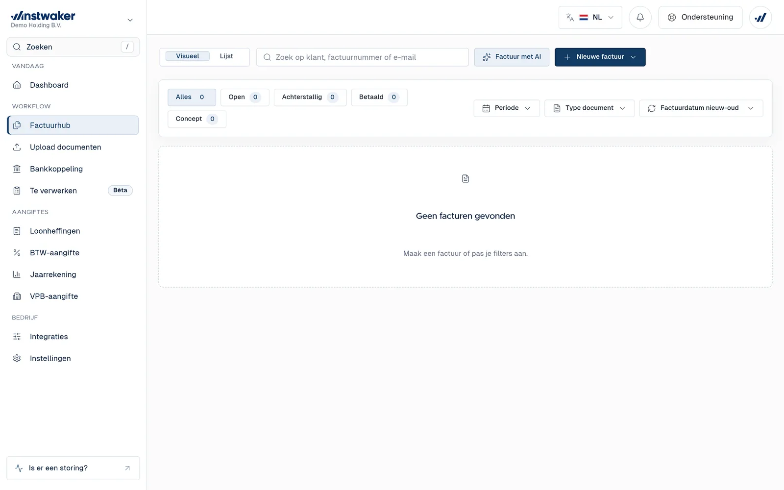 Factuurhub-overzicht met zoeken en knoppen