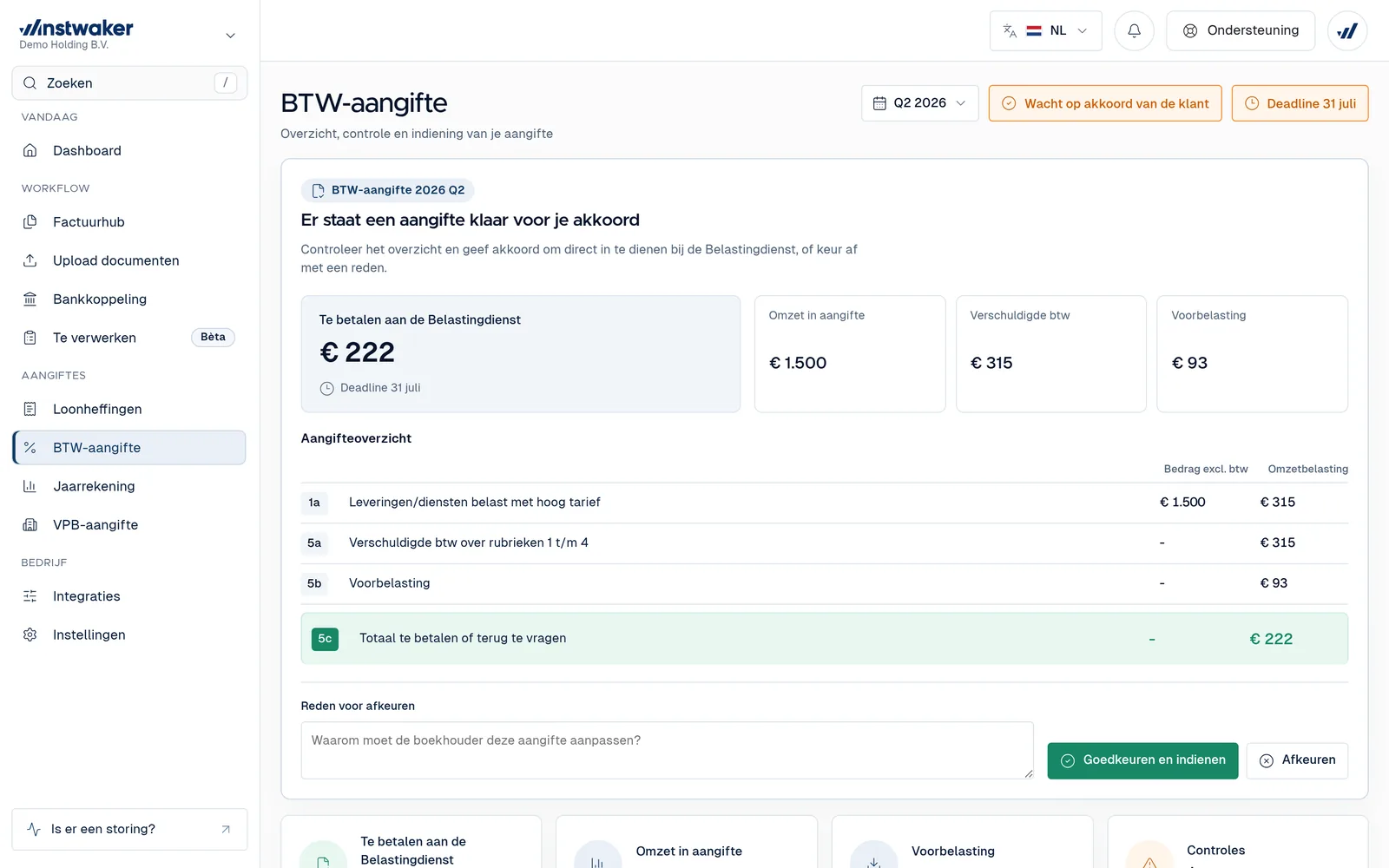 BTW-aangifte met te betalen bedrag en knoppen