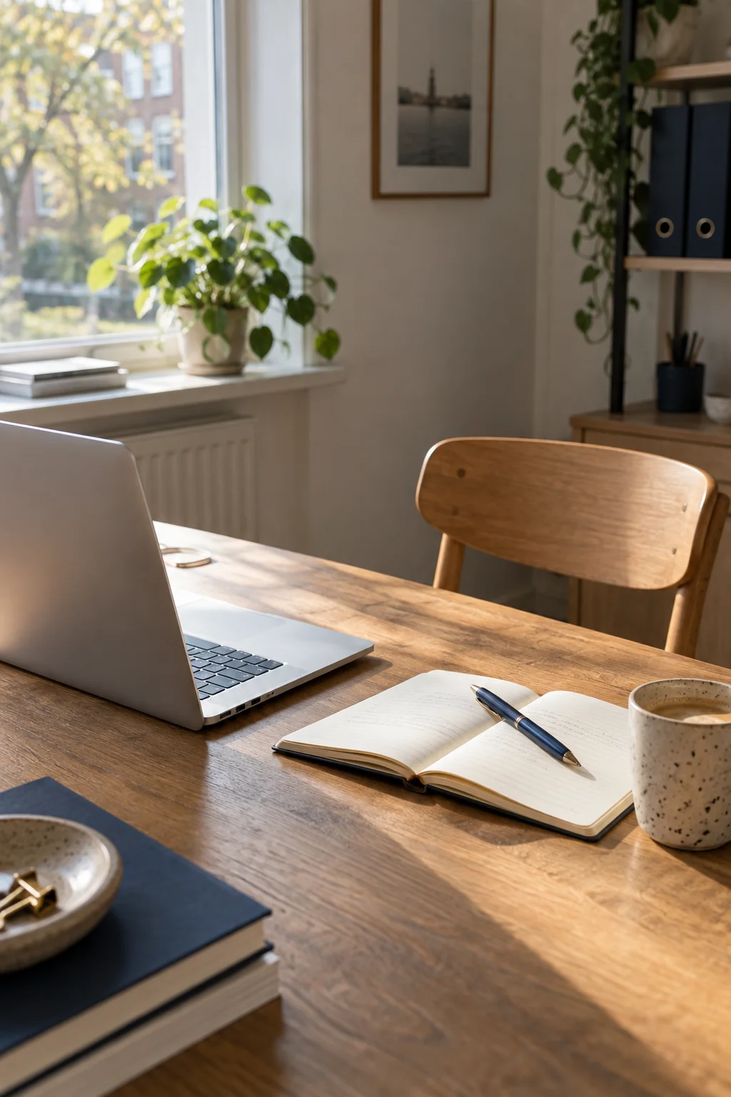 Een werkplek met laptop en open notitieboek, klaar voor een gesprek.